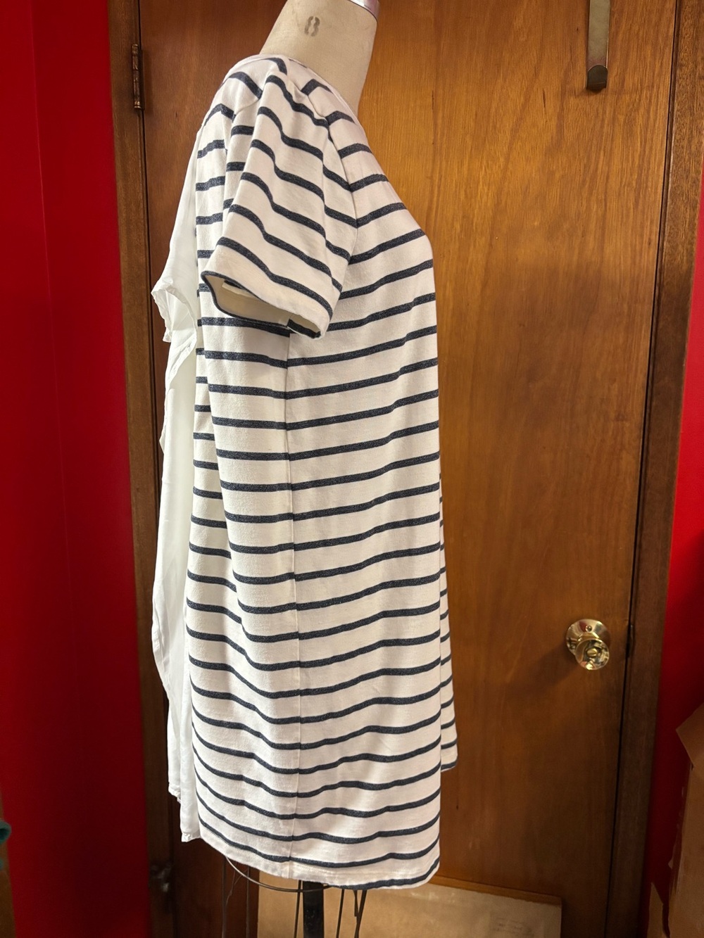 Blue & Cream Jersey Striped Dress w/ White Scarf Like Back By Clu Sz L 42” B